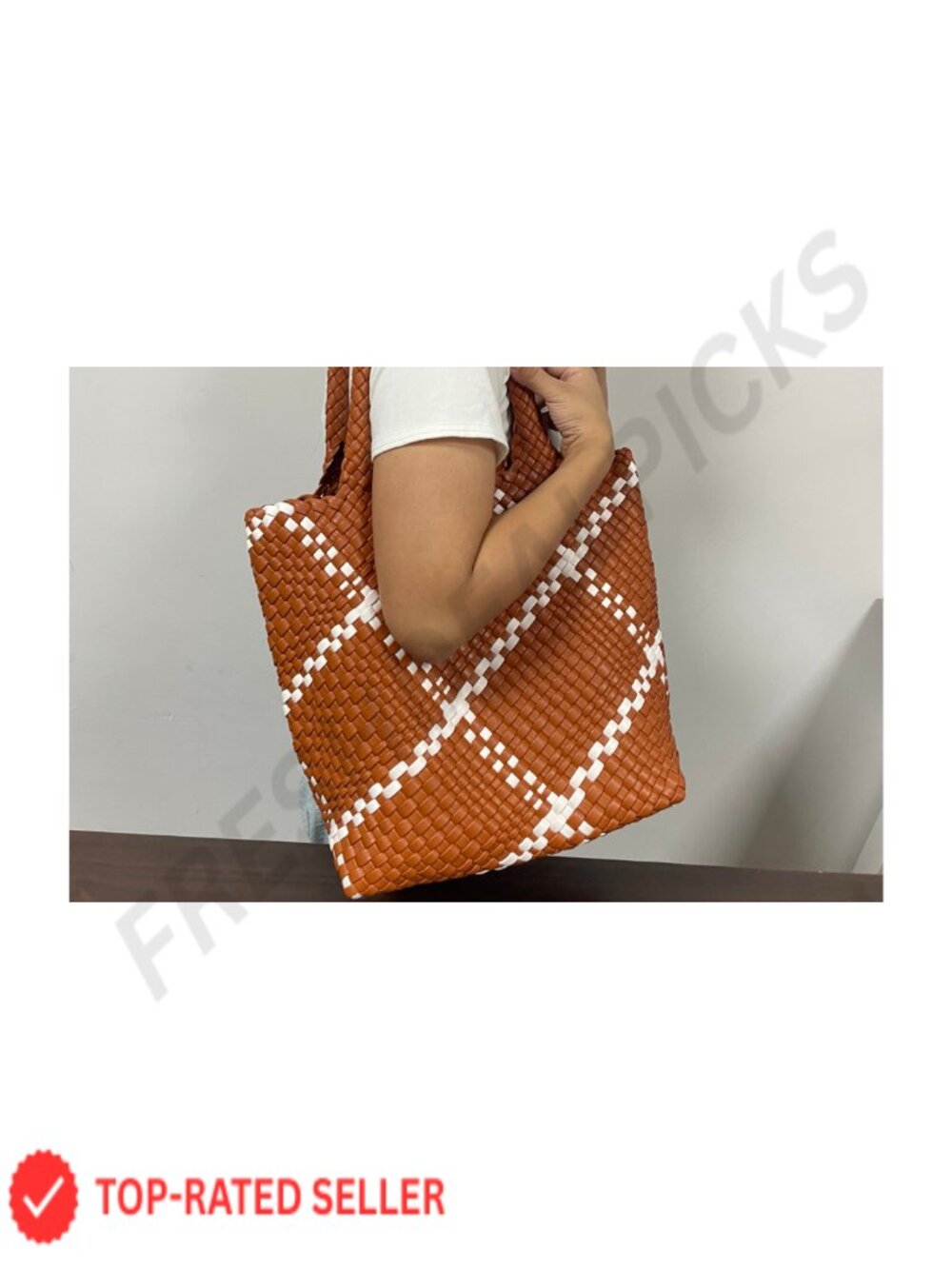 Woven Vegan Leather Large Tote Bag Shoulder Handbag Travel Work - Picture 6 of 6